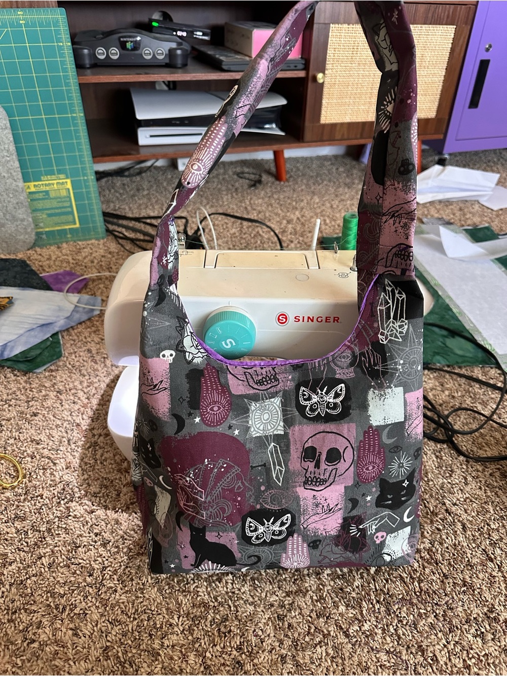 Handmade Gothic Skull & Butterfly Shoulder Bag - Purple/Gray